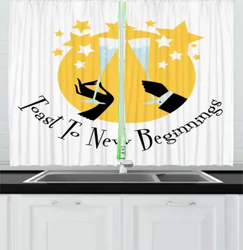 

Charcoal Grey Mustard Champagne Kitchen Curtains Toast to New Beginnings Calligraphic Ceremonial Concept Having Fun Window Drap