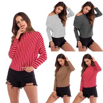 

Autumn Striped Knit Top Batwing Sleeve O neck Women Casual Comfortable Simple Loose Pullovers Thin Sweater Red Black Khaki White