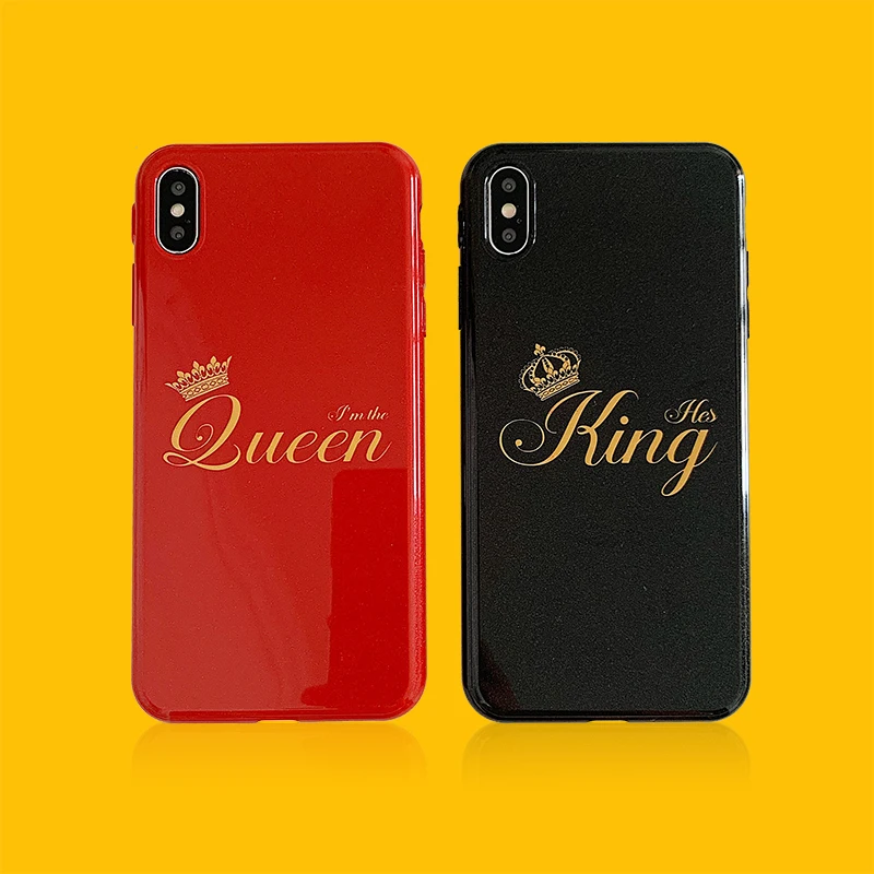 

King Queen Crown Phone Cases for iPhone X XS MAX XR 8 7 6s Plus Couple Soft Silicone Flash powder Fitted Case Mobile Phone Cover