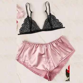 

Women Solid Lace Stain Sleepwear Set Fashion Ladies Comfort Sleeveless Shorts Pajamas Set Conjunto Cueca 2019 New Hot Sale 1
