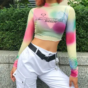 

Hot Sexy Women Mesh Sheer See Through Long Sleeve Crop Tops Tee Fishnet Blouse See Through Shirt womens tops and blouses