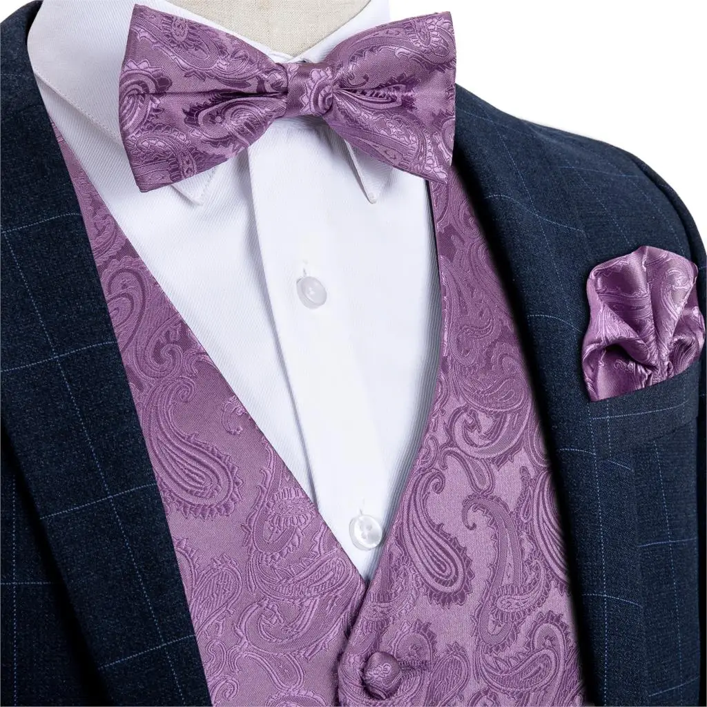 

Men's Purple Paisley Fashion Wedding Men Silk Waistcoat Vest Bowties Hanky Cufflinks Cravat Set for Suit Tuxedo DiBanGu MJ-111