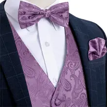 Men's Purple Paisley Fashion Wedding Men Silk Waistcoat Vest Bowties Hanky Cufflinks Cravat Set for Suit Tuxedo DiBanGu MJ-111