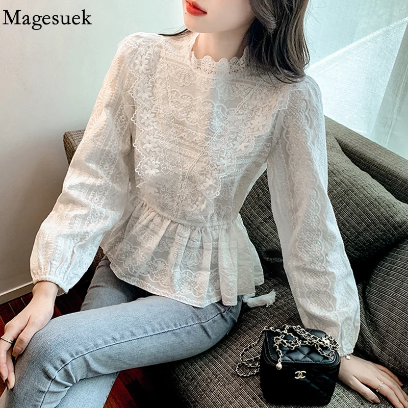 

Модная Милая кружевная блузка на шнуровке, женские топы, приталенная белая плиссированная рубашка с воротником-стойкой и длинным рукавом, 16989