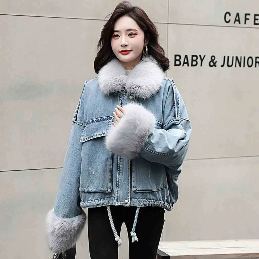 Winter Thick Fur Liner Jean Jacket Faux Fur Collar Women Fleece Hooded Denim  Coat Female Padded Warm Outwear Clothing - AliExpress