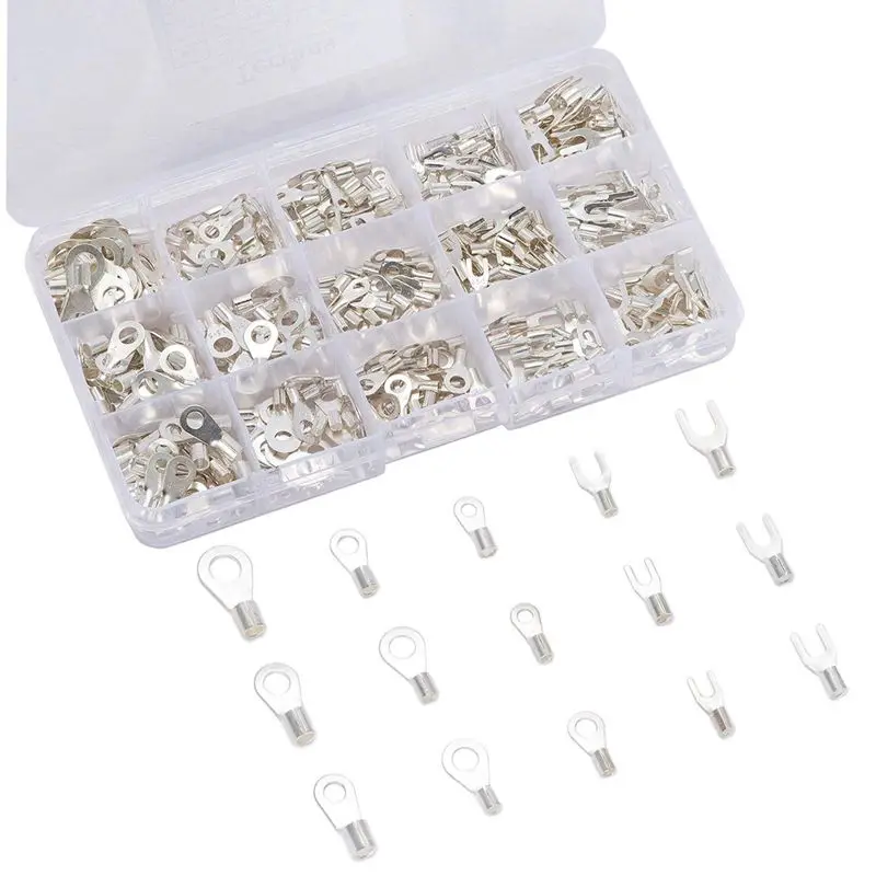 

375 Pcs 15 in 1 Non-Insulated Ring Fork U-type Terminals Tin-Plated Copper Terminals Assortment Kit Cable Wire Connector Crimp S