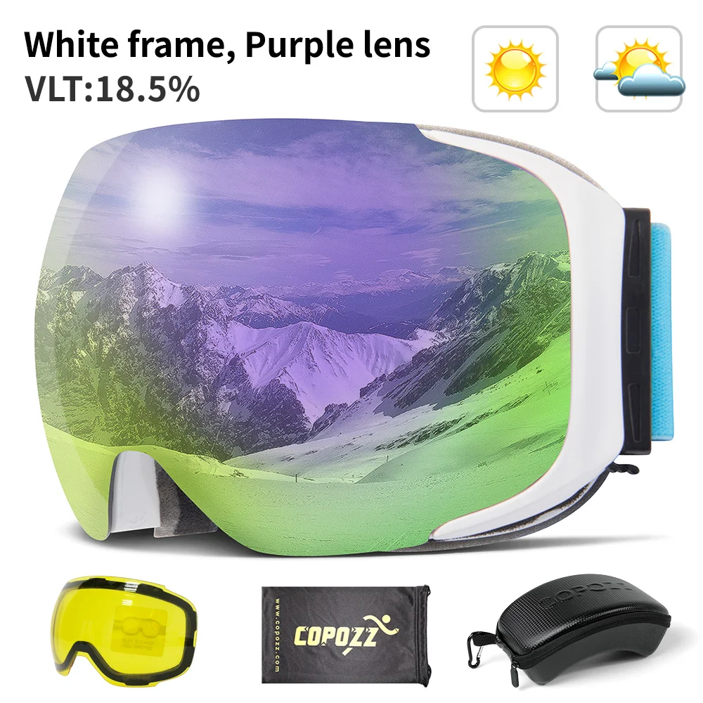 Purple lens COPOZZ магнитные лыжные очки с 2s Быстросменные линзы и Чехол Набор UV400 Защита Анти-туман сноуборд лыжные очки для мужчин и женщин - Цвет: Purple lens