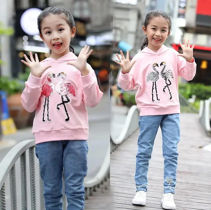 Модный розовый свитер с фламинго и блестками для девочек, детские осенние толстовки с капюшоном для детей 4, 6, 8, 10, 12, 14 лет
