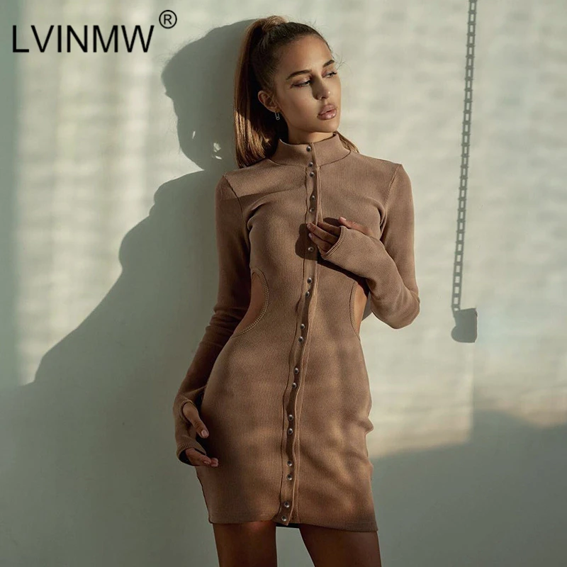 

LVINMW Sexy Knitting Button Patchwork High Neck Hollow Out Dress Autumn Winter Elegant Long Sleeve Slim Dress Female Party Dress