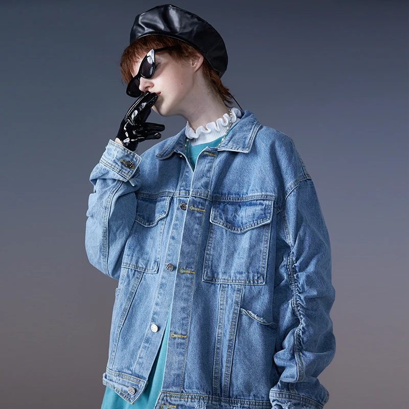 Fashion Style Loose Hip Hop Streetwear Printed Unisex Denim Jacket for Men and Women
