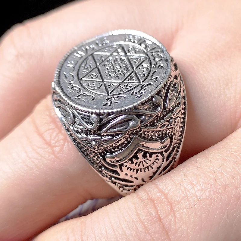 Islam Muslim Rune Hexagonal Star Ring Men's Women's Ring New Fashion Metal Big Ring Accessories Party Jewelry Size 5-11