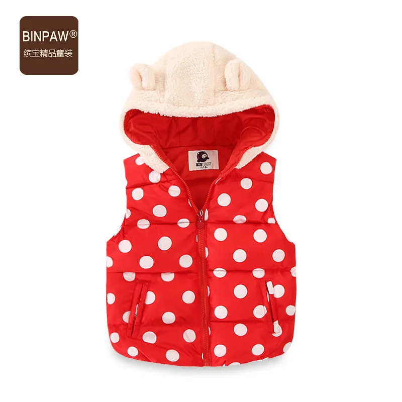 19 стиль для девочек на зиму, Толстый жилет BINPAW корейско-Стиль для больших мальчиков с капюшоном в горошек с принтом платье принцессы без рукавов