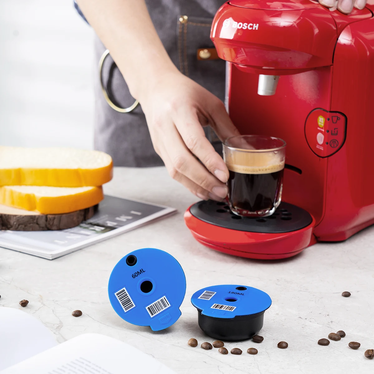 RECAFIMIL Tassimo - Cápsulas reutilizables de 220 ml, cápsulas de café  Tassimo recargables con tapa de silicona amarilla compatibles con la  máquina Bosch Tassimo : : Hogar y cocina