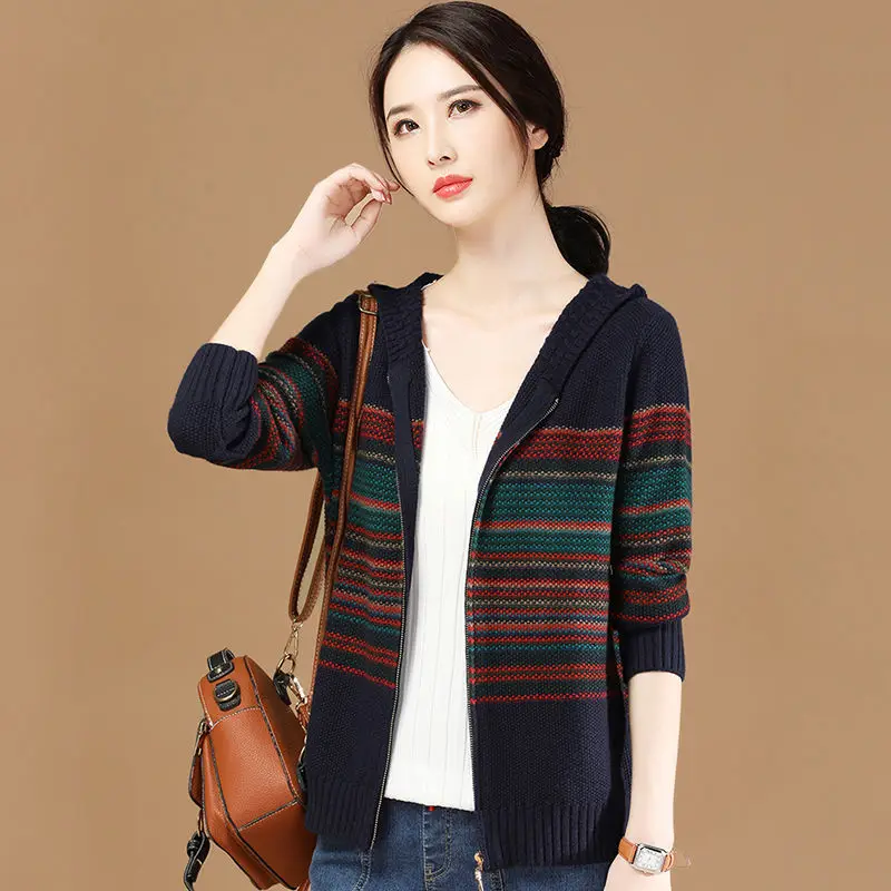 

Sweater Loose Lazy Women's Clothing New Trend Korean Retro Striped Sweater Cardigan Jacket Women Autumn and Winter