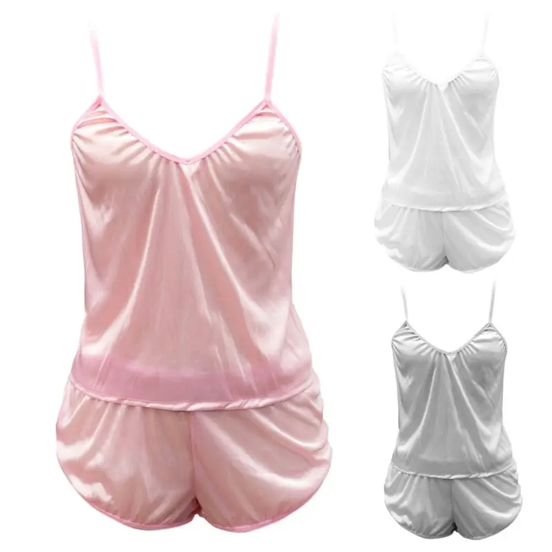 Женская ультра-тонкая имитация шелка, комплект из двух частей, пижама, сексуальный прозрачный глубокий v-образный вырез, ночная рубашка, шорты с разрезом по бокам