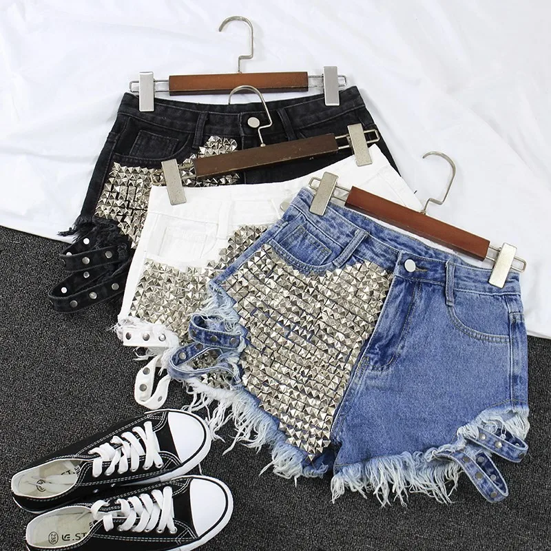 

OUSHANG Vintage Tassel Rivet Ripped Shorts High Waisted Short Jeans Punk Sexy Hot Woman Denim 2020 Women's Brand Shorts