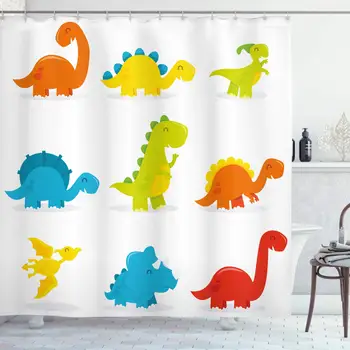 

Dinosaur Shower Curtain, Arrangement and Funny Dinosaurs Set Cartoon Style Colorful Kids Nursery Theme, Cloth Fabric Bathroom