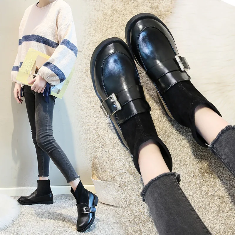 

Short Boots Women's Knitted Single Boots 2019 New Style Online Celebrity Leather Buckle Thin Shoes Martin Boots British Style Au