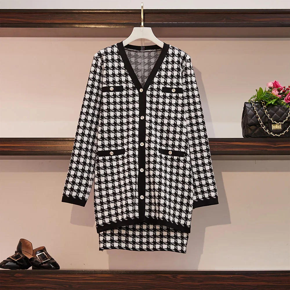 HAMALIEL S-4XL, свитер большого размера, комплект из двух предметов, Осенний Женский, черный, белый, в клетку, Свободный вязаный кардиган, пальто+ мини юбка-карандаш - Цвет: Черный