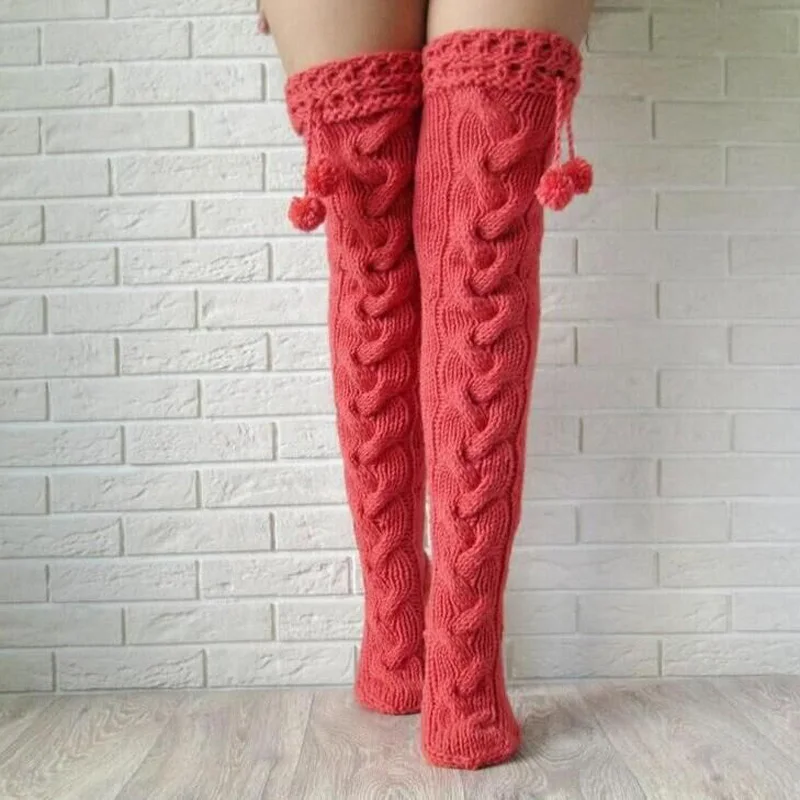 

Female Solid Knitted Stocking Knee-High Socks for Women Autumn Winter Warm Knit Long Socks Sexy Black/Red/Beige