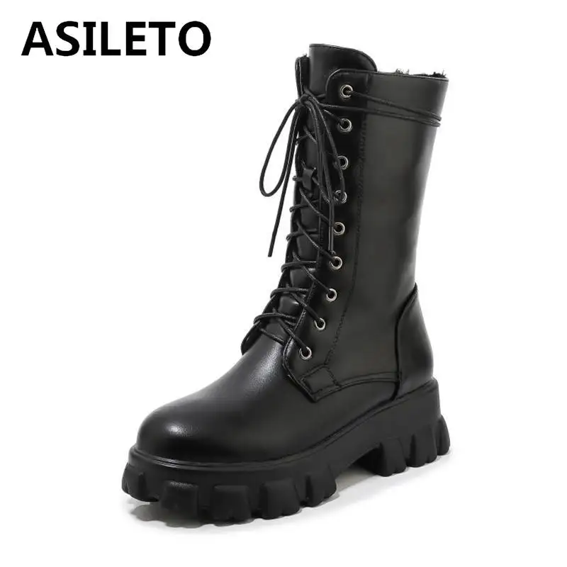 ASILETO женские мотоциклетные сапоги до середины икры с мехом круглым носком на