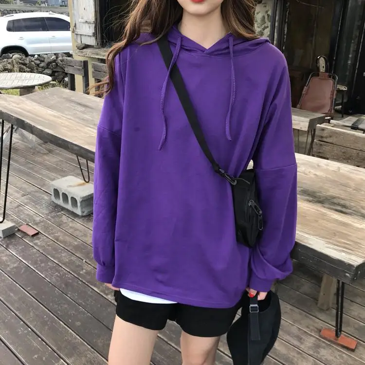 9 цветов, Новинка осени, Harajuku, Женская толстовка, одноцветная, свободная, негабаритная, с капюшоном, свитшоты, длинный рукав, тонкий пуловер, топы - Цвет: Purple