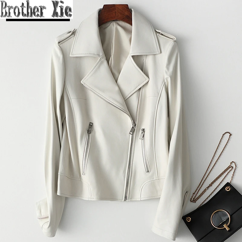 

Women White Leather Jacket Ladies Brown Genuine Sheepskin Real Leather Motorcycle Jacket Female Zipper Short Coats High Quality