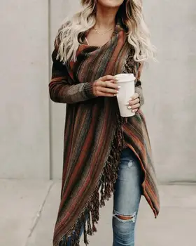 

Ninimour Women Elegant Fashion Asymmetric Pinstripes Tassel Sweater Cardigans Ladies Casual Wortwear Outwear Open Front Coat