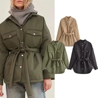 Za women's jacket Fashion warm parka coat cotton jacket 2021autumn and winter belt multicolor long-sleeved women cotton coat top