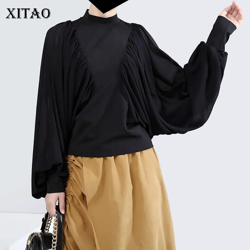 

XITAO Pleated Patchwork Simple Blouse Black White Women Clothes 2019 Fashion Loose Plus Size Stand Collar Autumn New XJ2506