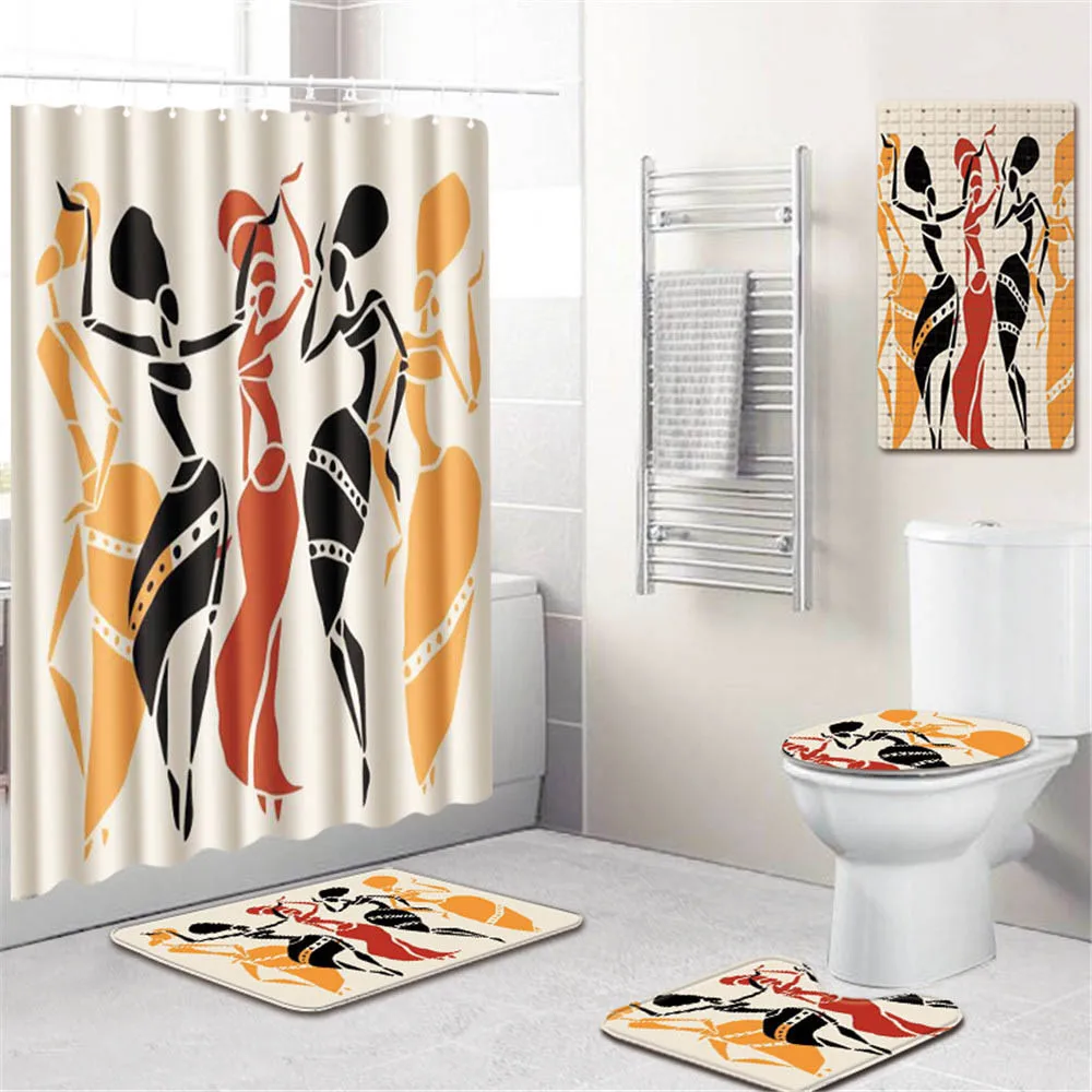 

African Woman Print Shower Curtain Waterproof Polyester Fabric Bathroom Curtain Anti-slip Bath Mat Toilet Cover Rug Home Decor