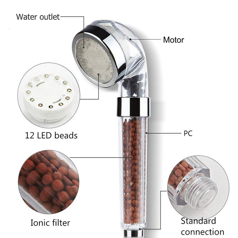 led cabeça de chuveiro íons negativos contas ânion filtro função ajustável alta pressão economia água handheld banho chuveiro cabeça