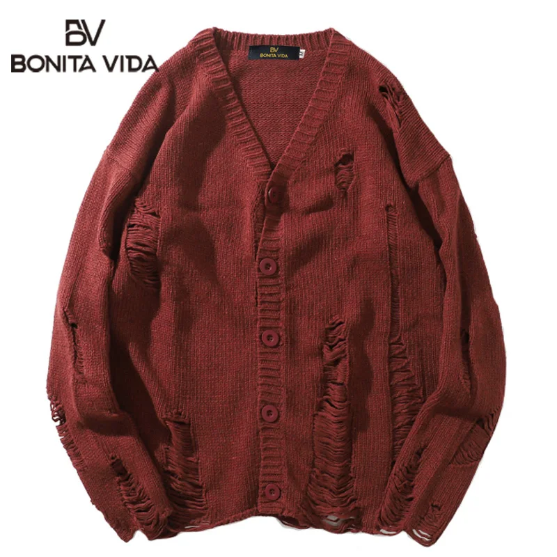 

Bonita Vida Oversized Loose Hip Hop Hole Knit Sweatercoat Men Fashion Cotton Casual Harujuku Style Knitted Cardigan Sweaters