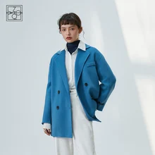 

ZIQIAO Women's Winter Short Suit Double-sided Wool Coat Women Suit Collar Double-breasted Blue Cashmere Coat Straight Jackets