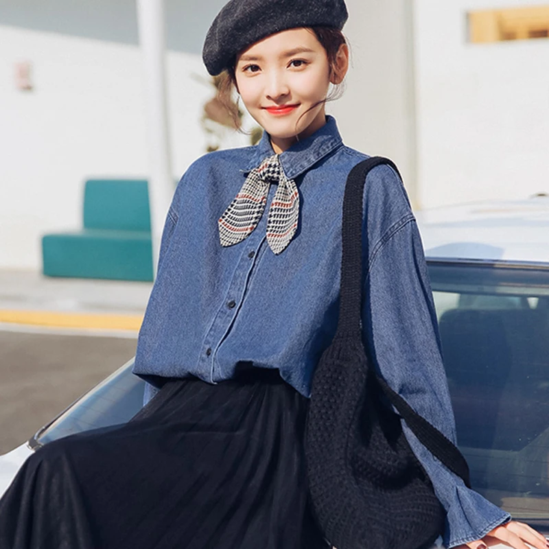 

2019 autumn and winter new denim shirt solid color wild long-sleeved bow tie small tie lapel collar neck top