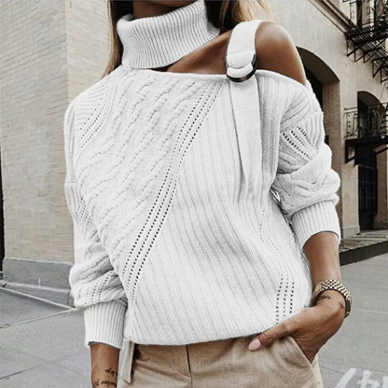 Вязаные скрученные свитера женские с открытыми плечами водолазки, свитера, пуловеры с отверстиями для женщин осенне-зимний женский пуловер - Цвет: White HFC4371