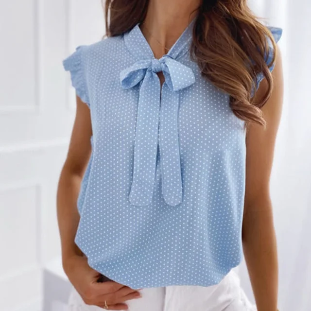 Women Summer Elegant Ruffles Sleeveless Polka Pot Lace Up Tie Bow Blouses and Shirts Casual Oversize Tops Sexy Pullover Tunic Blue