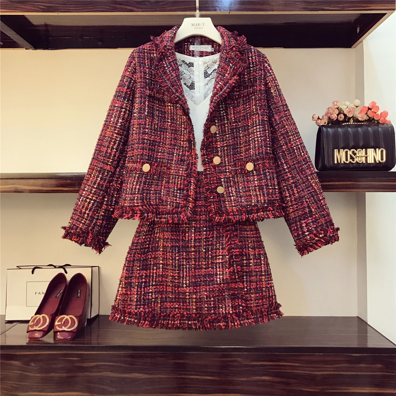 

2019 New Autumn Fashion Ladies Sets Elegant Tweeds Long Sleeve Jackets + Tassel Short A-line Skirts Women's Skirts Suits