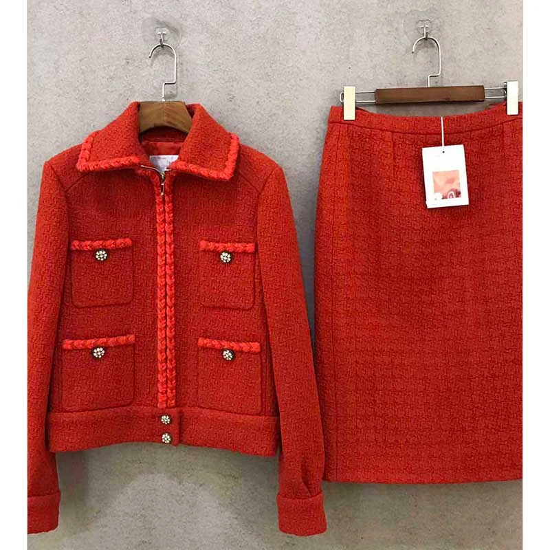 2 piece set Cosmicchic Autumn Winter Women Runway Wool Skirt Suit Pocket Zipper Jacket Pencil Midi Skirt Elegant Office Red 2 Piece Set - Цвет: 2 piece set