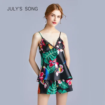 

JULY'S SONG Women Faux Silk Sleepwear Set V-Neck Lace Sleeveless Pajamas Set Sling Night Clothes Homewear