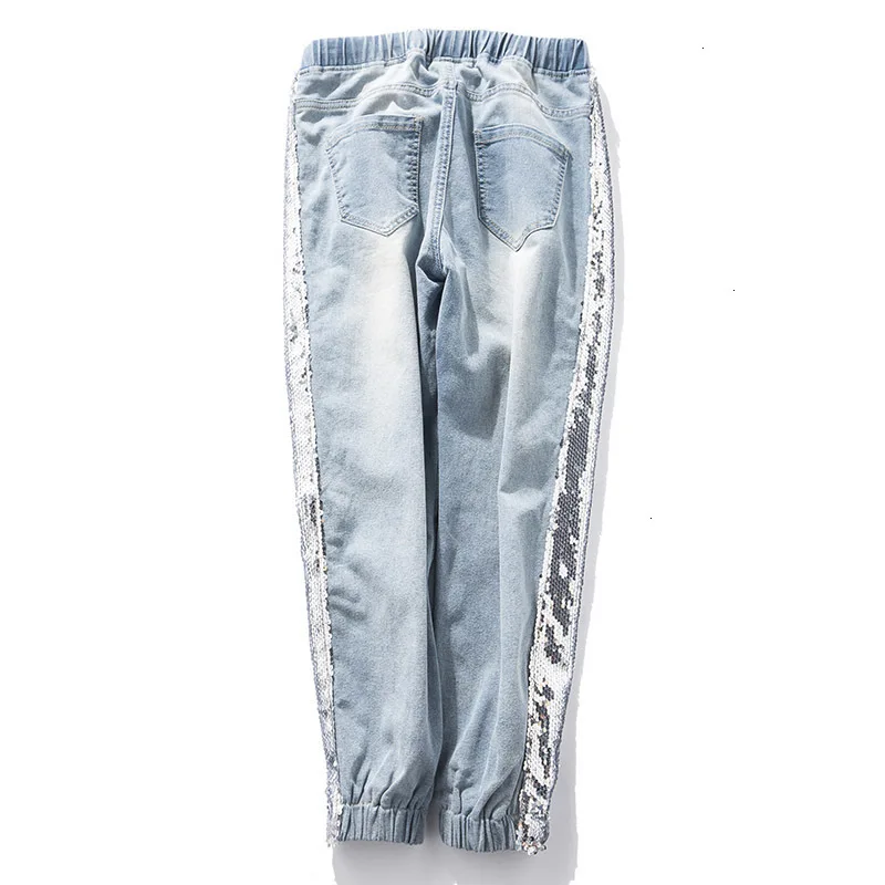 Свободные женские джинсы с блестками размера плюс, женские Капри с эластичной резинкой на талии, повседневные весенние джинсовые штаны-шаровары