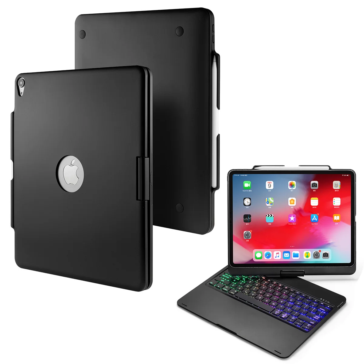 Вращение на 360 градусов для iPad Pro 12,9 чехол для планшета Folio Stand 7 цветов с подсветкой Беспроводная клавиатура автоматическое Пробуждение/спящий чехол для планшета - Цвет: Черный