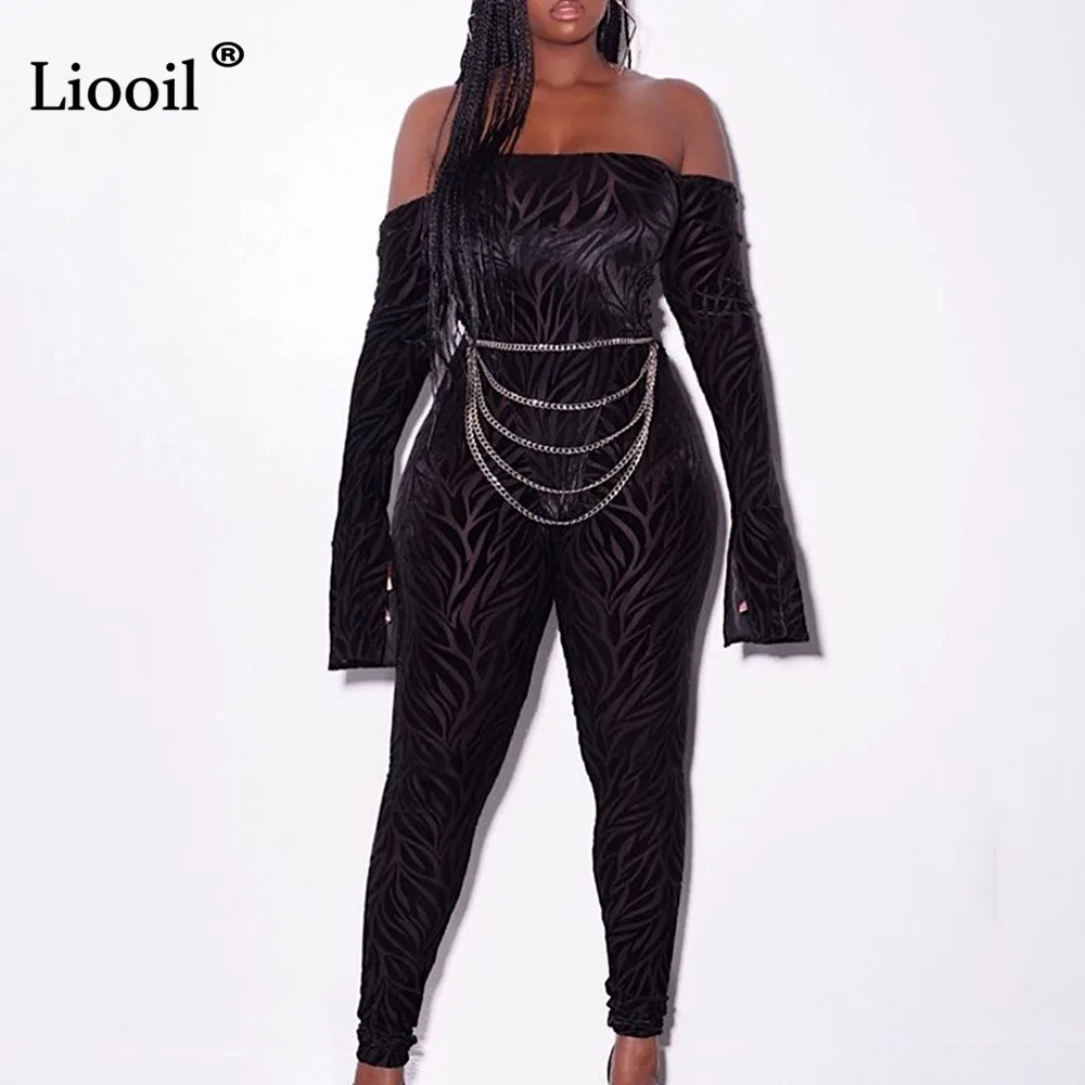 Liooil Off The Shoulder Sexy One Piece Outfits Black Velvet Print Tight Jumpsuits Long Sleeve Party Club Rompers Womens Jumpsuit