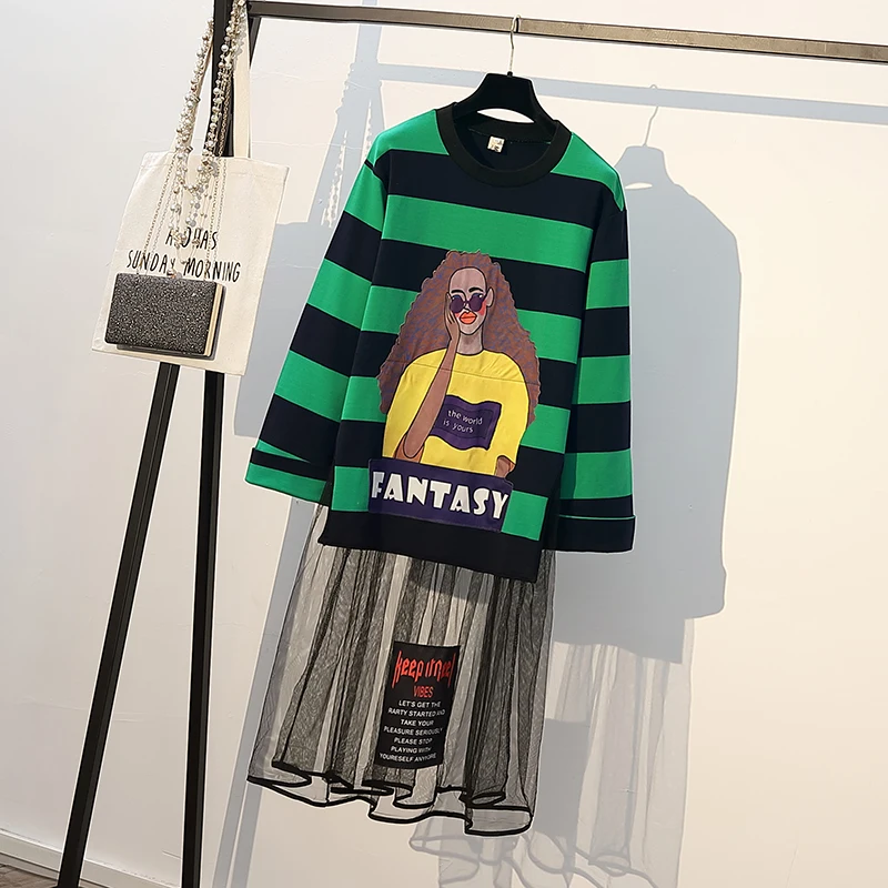 

Autumn Winter Women Casual Dress XL-4XL Plus size Cartoon Print Mesh Dress Korean Style Striped Green Large Size Loose Dresses