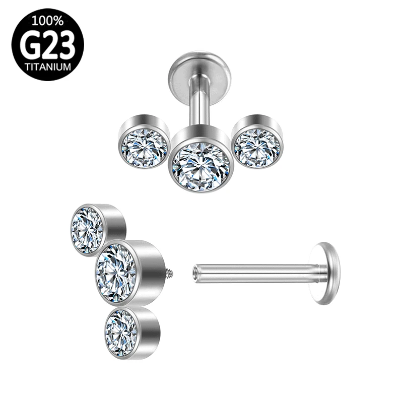 

Whole G23 Titanium 3 Crystal Studs Earring Ear Cartilage Tragus Helix Lobe flesh Piercing Lip Piercings 6 8 10mm Body earring