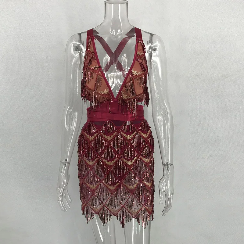 Wine Red Beyprern класса люкс с блестками облегающее Бандажное платье вечерние платья модные женские туфли великолепные с бахромой из пайеток платье(Утягивающее облегающее платье) для ночных Clubwears Наряд для дня рождения - Цвет: Wine Red
