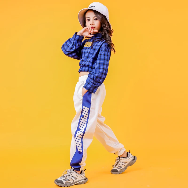 Blue Girls Boys Hip Hop Hoodies Dance Clothes for Kids Jazz Dancing Costumes SweaterShirt Ballroom Crop Tops Plaid Jogger Pants (6)