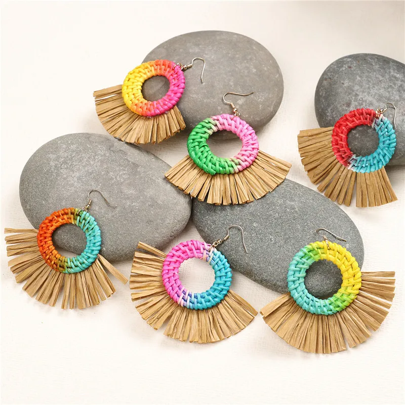 

2019 Rainbow Straw Weave Geometric Round Drop Earrings for Women Girls Boho Handmade Rattan Raffia Fringed Statement Jewelry