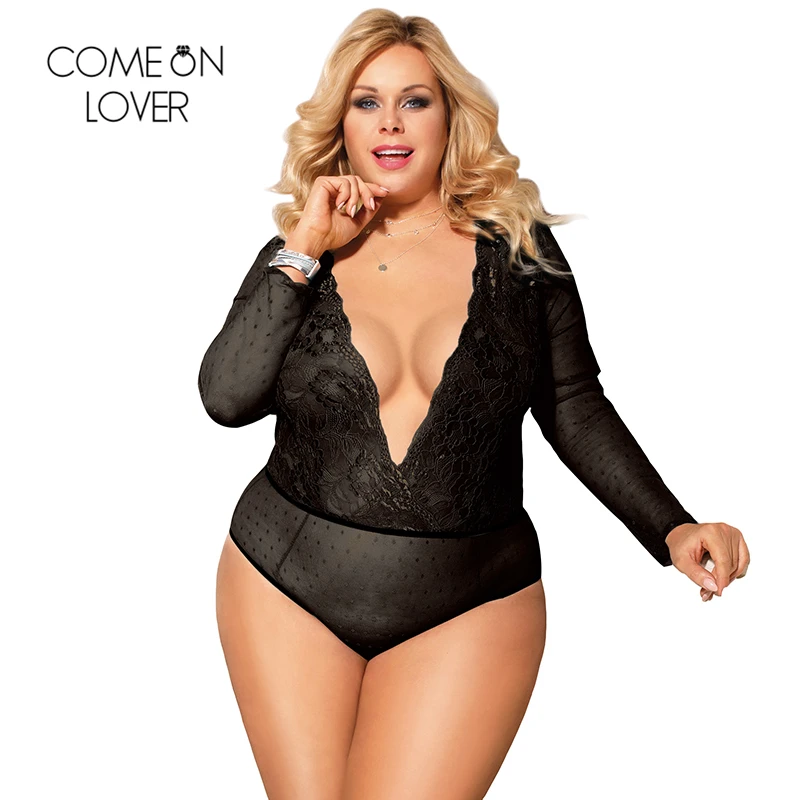 

Comeonlover Plus Size High Quality Lace Stitching Long Sleeve Sexy Teddy FLoral Embroidery body Suit Sexy Lingerie RE80776