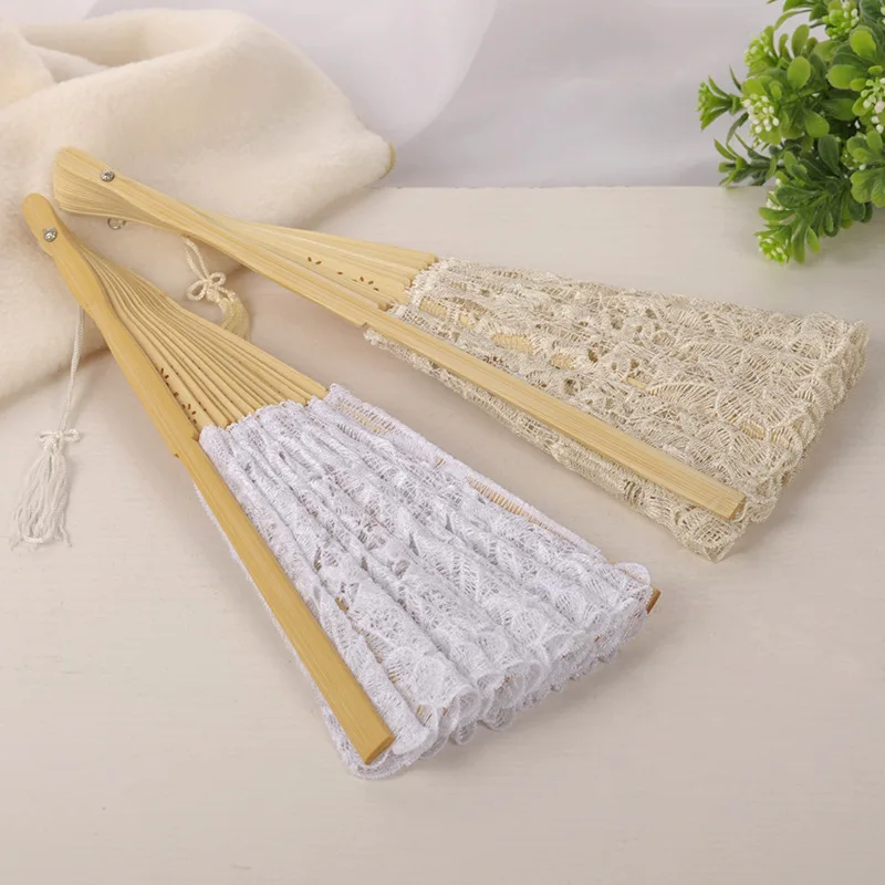 

1PCS Decorative Bamboo Fans Chinese Style Lace Fabric Silk Folding Hand Held Dance Fans Flower Party Wedding Prom Home Decor